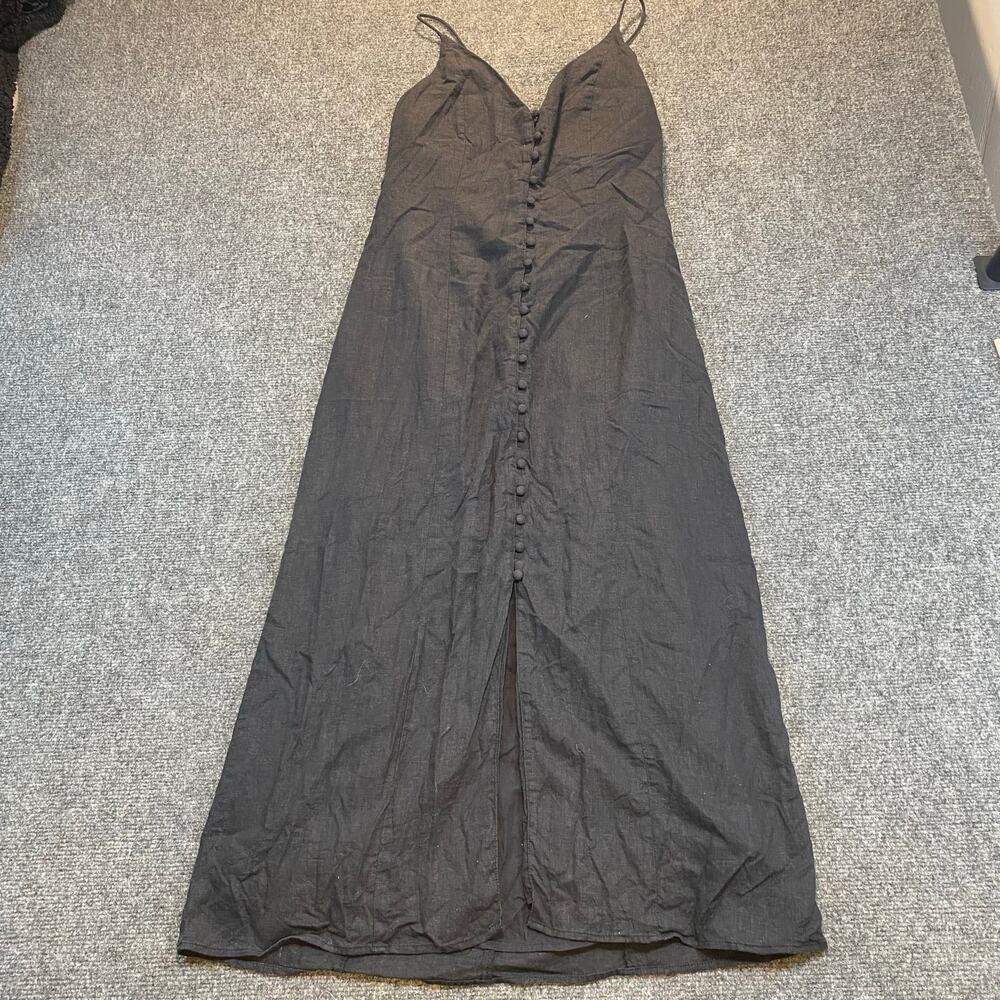 H&M Womens Medium Black Linen Blend A Line Open Back Maxi Dress Summer